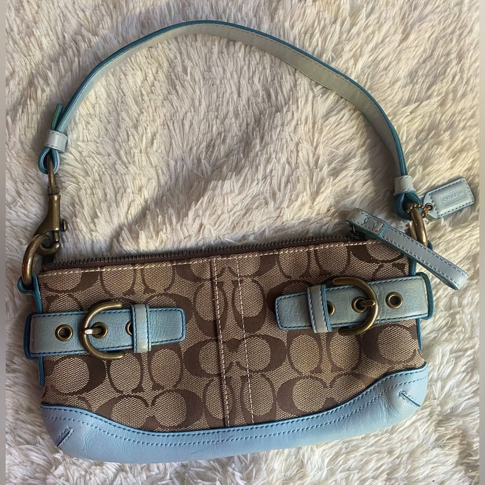 Vintage Y2K Coach Classic Signature Canvas Handbag with Light Blue Leather